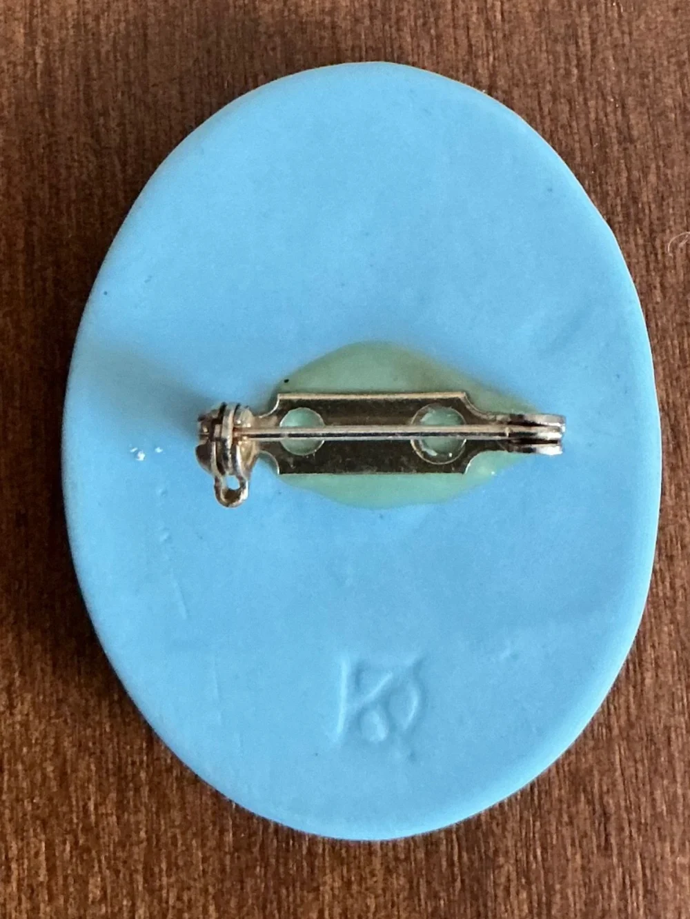 Vintage KD Signed Jasperware Style Brooch Blue White Sleeping Baby Angel Cherub